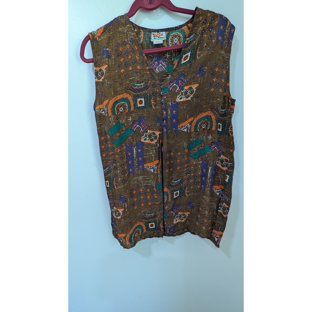 Vintage La Femme Brown Abstract Print Rayon Sleeveless V-Neck Blouse Medium